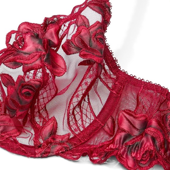 Victoria’s Secret 38DD Red Lacquer Red Rose Embroidery Unlined Low Cut Demi Bra - Picture 2 of 3